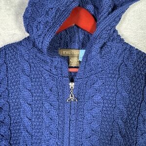 Inis Crafts Sweater Womens M Blue Merino Wool Hooded Hoodie Zip Cardigan Ireland